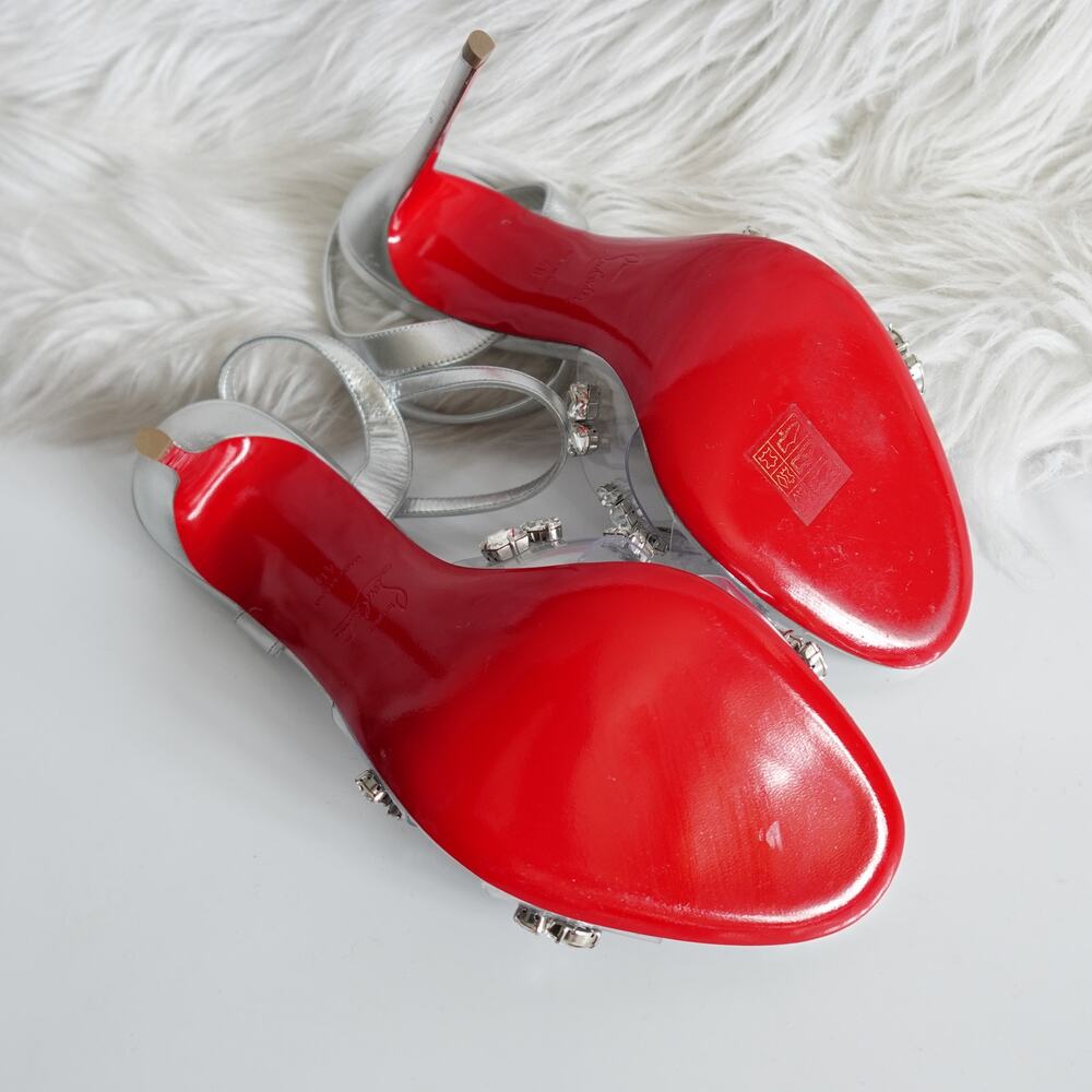 Christian Louboutin Degrasandal Queen 100 Silver Leather PVC Crystal Pumps 40 - Picture 15 of 16